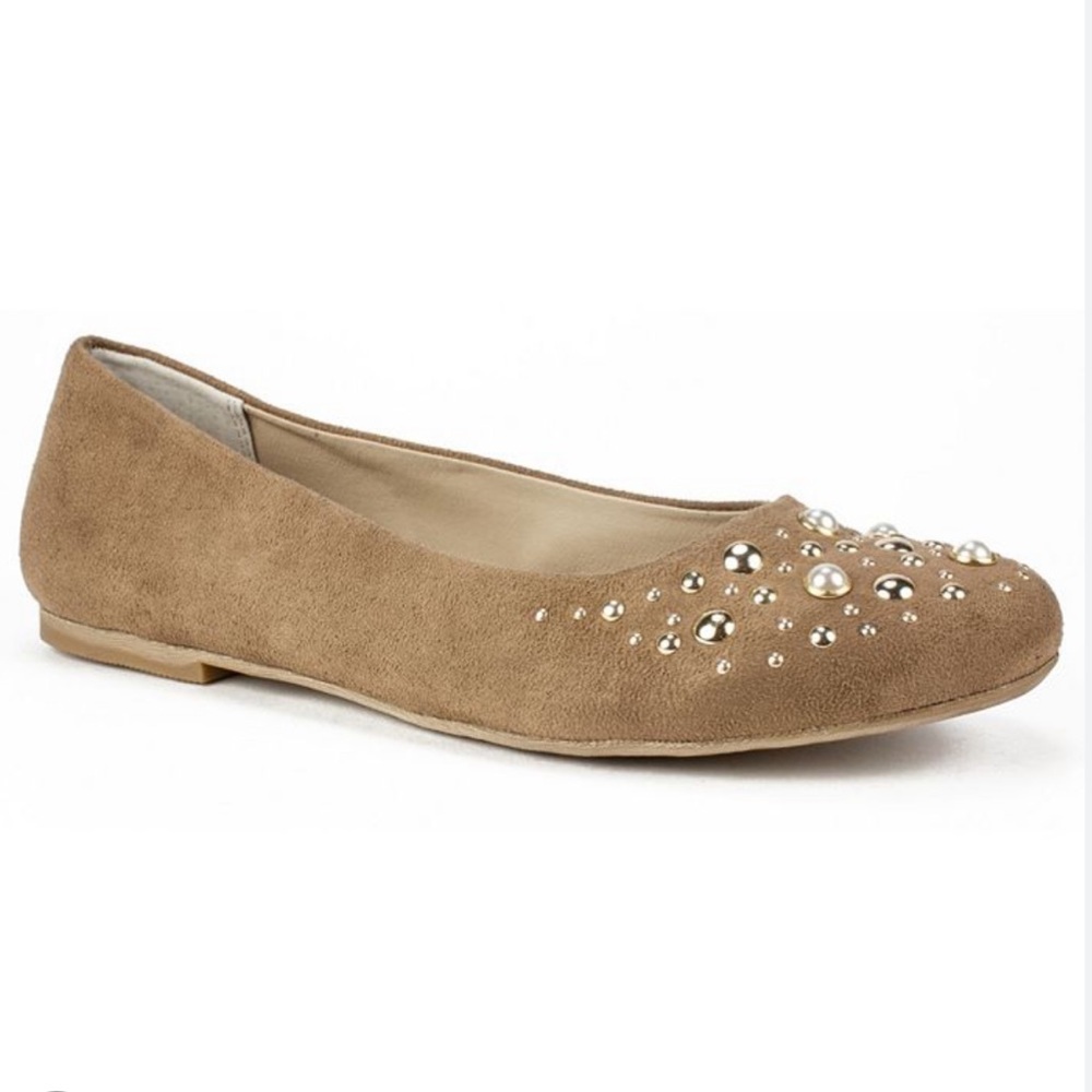 RIALTO SANTOS TAN SUEDE BALLET FLATS EMBELLISHED WITH  PEARLS and GOLD S…